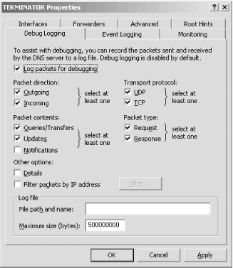 Server properties, Debug Logging tab