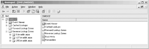 The DNS console showing a caching-only name server