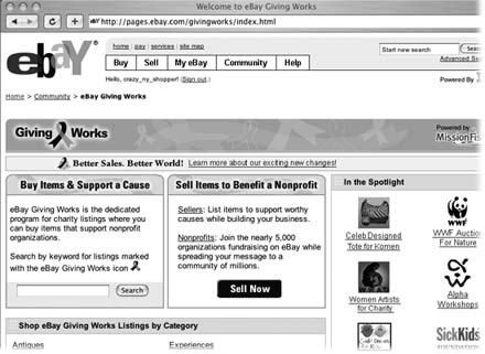 The Giving Works home page () lets buyers search or browse just for charity auctions. The right-hand side of the page spotlights auctions and nonprofit groups.