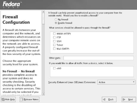 The Fedora Core firewalls screen