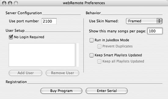 webRemote’s Preferences panel
