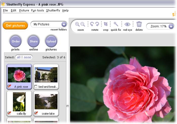 Shutterfly Express is a program that runs from your computer, but works with your Shutterfly online albums. Using the buttons at left, you can go straight to ordering prints, sharing albums, and uploading pictures.