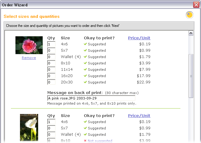 The Shutterfly Express cart makes it easy to order prints. It even provides helpful advice regarding the resolution of your photo files (Section 16.1.1). When a photo doesn’t have enough resolution for the size print you’ve chosen, you get the “not suggested” message. If you’re ordering several photos, be sure to use the scroll bar on the right to view your entire order.