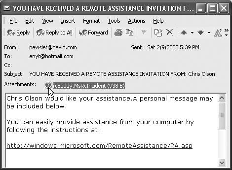 You, the guru, have just received a .MsRcIncident ticket—an invitation to help somebody whose PC needs troubleshooting. Lucky you! And by the way: If the novice, a trusting individual, has sent you a Remote Assistance ticket that doesn’t expire for a very long time (99 days, for example), keep it around on your desktop or in your Start menu. From now on, both of you can skip all of the invitation-and-response rigamarole. Now, whenever he needs your help, he can just call you up or email you. And all you have to do is double-click your ticket and wait for the OK from the other side.