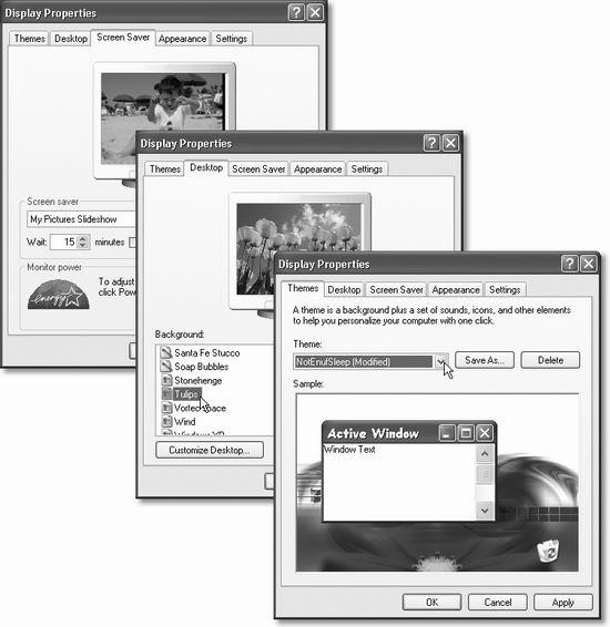 Lower right: Here’s a tool chest filled with everything you need to change the look of your desktop. In addition to redecorating the desktop, you can even redo the design scheme used for the windows you open as you work. Middle: The Desktop tab lets you choose a picture to plaster onto your desktop backdrop. Upper left: Some screen savers are animated; they move, grow, or appear with fade-in effects. The My Pictures Slideshow shown here, for example, offers an endless slide show.
