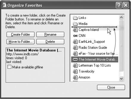 Click a folder to see what’s in it. Drag a Favorites item up or down the list to reposition it; drag it onto a folder icon to file it away into a subcategory. Click its name once to read, in the lower-left panel, about its origin and when you last looked at it.