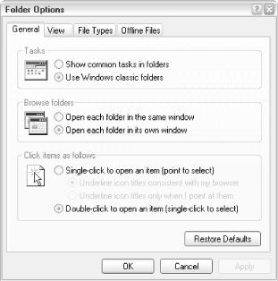 Among other things, the General tab lets you turn off the common tasks pane shown in many single folder windows