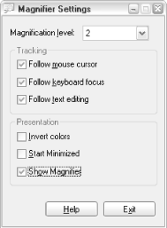The Magnifier tool can follow your mouse cursor, enlarging any portion of the screen you point to
