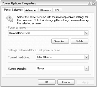 The Power Options window lets you configure the various power-saving features of your computer