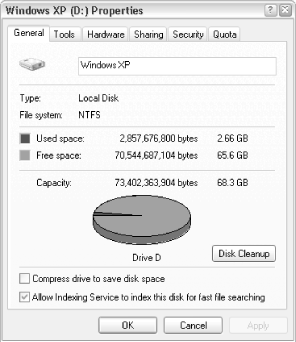 Open the Properties sheet of a hard disk to view statistics and to access certain hard disk tools