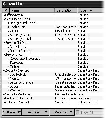 Within each type of item, QuickBooks lists items in alphabetical order. You can change the sort order of the Item List by clicking a column heading. If you click it again, QuickBooks toggles the list order between ascending and descending order. To return the list to sort by item type, click the diamond to the left of the column headings.