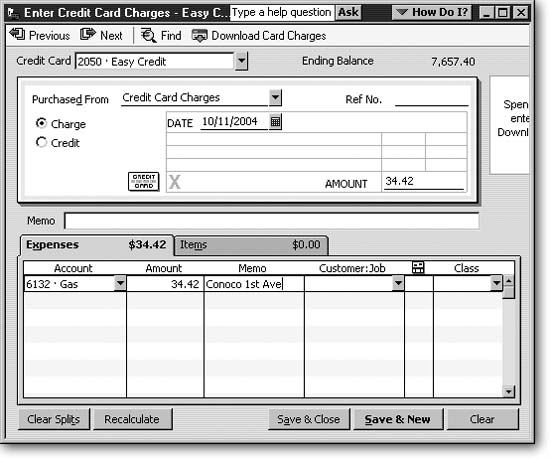 Unless you want your CreditsvendorVendor List awash with every pizza parlor, gas station, and toll booth you patronize, consider creating a vendor called Credit Card Charges (or create several generic vendors such as Gas, Restaurant, and Parking). If you want to track the specific vendors, type their names in the Memo field. In the Ref. No. field, you can type your receipt number. Allocating a charge to multiple accounts or to a customer works the same as for checks (page 296).