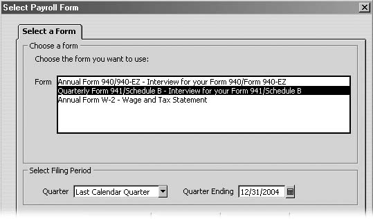 How you specify the filing period varies by form. If you choose the Quarterly Form 941, in the Quarter drop-down list, choose the quarter for which you want to generate a report. QuickBooks changes the date in the Quarter Ending box to match the quarter you choose. Form 940 requires only the filing year, and W-2s don't need anything.