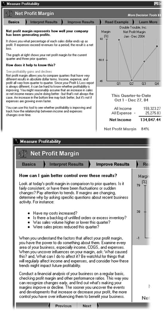 Top: For the Measure Profitability decision tool, the Basics tab explains why net profit margin is important to your business. The Interpret Results tab tells you how to gauge your company's performance compared to typical businesses. If you absorb concepts better with examples, click the Read Example tab. The Learn More tab provides more detailed information and includes links to even more information. Bottom: If your company is performing poorly in an area or you want to do better than you are, the Improve Results tab explains steps you might take to improve performance in this area.