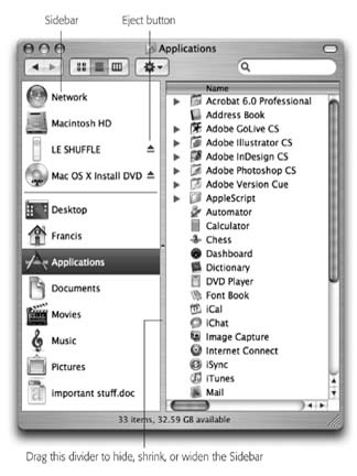 The Sidebar makes navigation very quick, because you can jump back and forth between distant corners of your Mac with a single click.In column view, the Sidebar is especially handy because it eliminates all of the columns to the left of the one you want, all the way back to your hard-drive level. You've just folded up your desktop!Good things to put here: Favorite programs; disks on the network to which you often connect; a document you're working on every day; and so on.Folder and disk icons here work just like normal ones. You can drag a document onto a folder icon to file it there, drag a downloaded .sit file onto the StuffIt Expander icon there, and so on.In fact, the disks and folders here are even spring-loaded (Section 2.4.5).