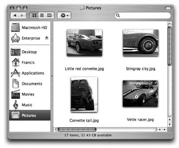 Mac OS X lets you choose an icon size to suit your personality. For picture folders, it can often be very handy to pick a jumbo size, in effect creating a slide-sorter "light table" effect. Just use the slider in the View Options dialog box, shown in Figure 1-14.