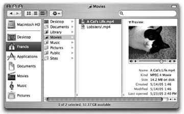 If the rightmost folder contains pictures, sounds, or movies, Mac OS X even lets you look at them or play them, right there in the Finder. If it's a certain kind of text document (AppleWorks or PDF, for example), you actually see a tiny image of the first page. If it's any other kind of document, you see a blowup of its icon and a few file statistics. You can drag this jumbo icon anywhere—into another folder, for example.