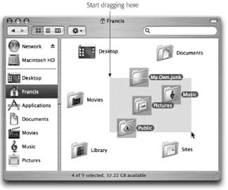 You can highlight several icons simultaneously by dragging a box around them. To do so, drag from outside of the target icons diagonally across them (right), creating a translucent gray rectangle as you go. Any icons or icon names touched by this rectangle are selected when you release the mouse. If you press the Shift or ⌘ key as you do this, any previously highlighted icons remain selected.
