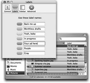 Top left: In the Labels tab of the Preferences dialog box, you can change the predefined label text. Each label can be up to 31 letters and spaces long.Bottom right: Now your list and column views reveal meaningful text tags instead of color names.