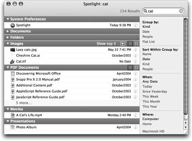 You can open this window either by choosing Show All from the Spotlight menu or by pressing Option-⌘- Space bar at any time. (You can change this keystroke, if you like; see Section 3.3.1.)