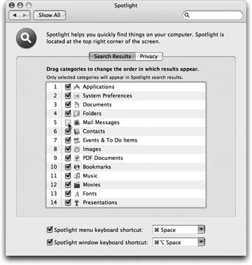 Here's where you can specify what categories of icons you want Spotlight to search, which order you want them listed in the Spotlight menu, and what keystroke you want to use for highlighting the Spotlight bar.