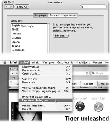Top: The exact number of languages you see here depends on which options you chose during your Tiger installation, as described in Appendix A. Bottom: Here's TextEdit running in Dutch. Actually understanding Dutch would be useful at a time like this—but even if you don't, it can't help but brighten up your work day to choose commands like Spraakfunctie or Knip. (Alas, your success with this trick varies by program.)