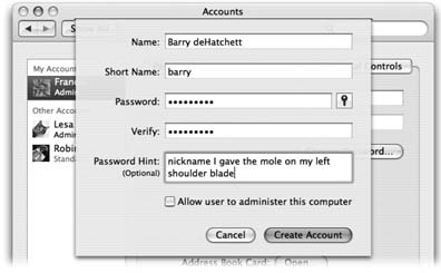 Mac OS X offers a long list of options for each account, as described in the following pages. None of it is difficult. Some of it, in fact, is kind of fun. But it all starts with this no-nonsense panel.
