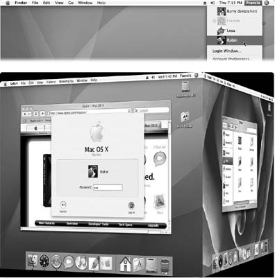 Top: The appearance of the Accounts menu lets you know that Fast User Switching is turned on. The circled checkmark indicates people who are already logged in, including those who have been "fast user switched" into the background. The dimmed account name shows who's logged in right now.Bottom: Fast User Switching lets one account holder "cut in" without requiring someone else to log out first. When the screen changes from your account to somebody else's, your entire world slides visibly offscreen as though it's mounted on the side of a rotating cube–a spectacular animation made possible by Mac OS X's Quartz Extreme graphics software. (On older Mac'S that lack Quartz Extreme, you get the feature, but not the animation.)
