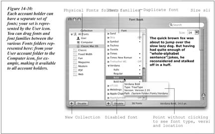 Each account holder can have a separate set of fonts; your set is represented by the User icon. You can drag fonts and font families between the various Fonts folders represented here: from your User account folder to the Computer icon, for example, making it available to all account holders.