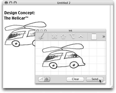 Click the A button to input text; click the star button to make a drawing. Either way, after you're finished, click the Send button to have your text or art pasted into whatever document is open behind it. (Of course, you can't paste a graphic unless the program you're currently running accepts graphics.)