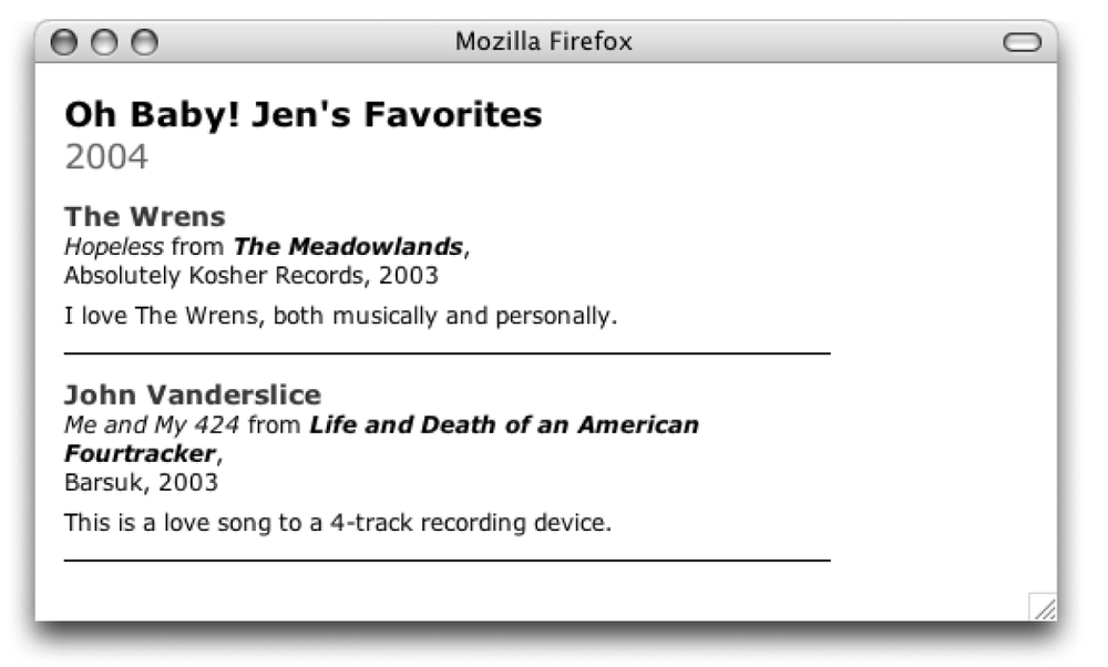 An XML document with a CSS style sheet displayed in Firefox 1.0