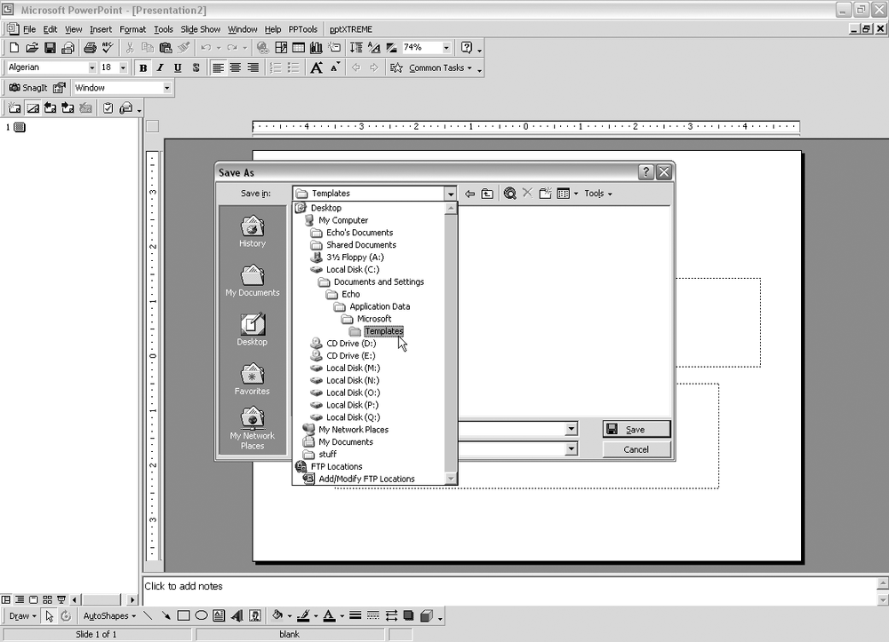 To see where PowerPoint stores your templates, choose Design Template (*.pot) from the “Save as type” drop-down menu, and then check the path to the folder in the “Save in” menu.