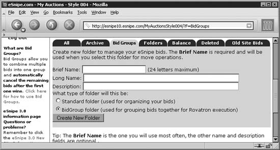 eSnipe’s Bid Groups feature allows you to snipe multiple auctions until you win one