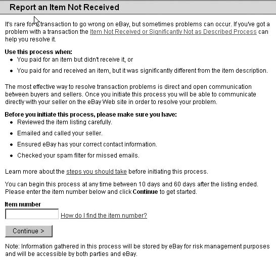 The first page of the INR/SNAD report. After entering the item number, you’ll provide relevant details—and if you paid with PayPal, you’ll be automatically directed there to file a grievance as well.