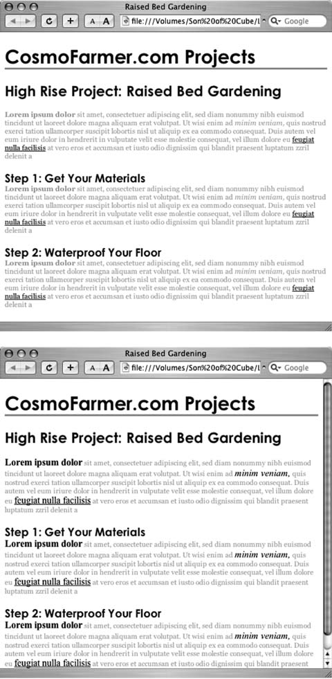 Inheritance lets tags copy properties from the tags that surround them.Top: The paragraph tag is set with a specific font-face, size, and color. The tags inside each paragraph inherit those properties so they look like the rest of the paragraph.Bottom: If inheritance didn't exist, the same page would look like this figure. Notice how the strong, em, and a tags inside the paragraph retain the font-face, size, and color defined by the browser. To make them look like the rest of the paragraph, you'd have to create additional styles—a big waste of time.