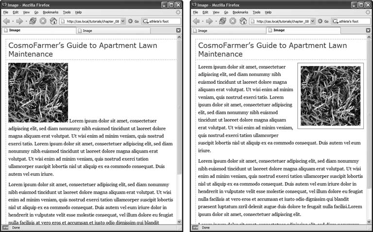 Before and after—CSS, that is. If you rely just on HTML, images take up lots of space (left). With a little CSS (right) you can nicely frame an image and move it out of the way.