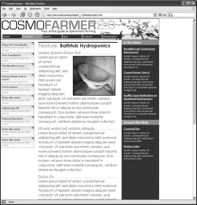 Turning a liquid design into a fixed width design is simply a matter of wrapping all the HTML inside the <body> tag in a new <div> tag and then creating a style that sets the width of the div. If you'd prefer to have the fixed design centered in the middle of the browser window, see the next tutorial.
