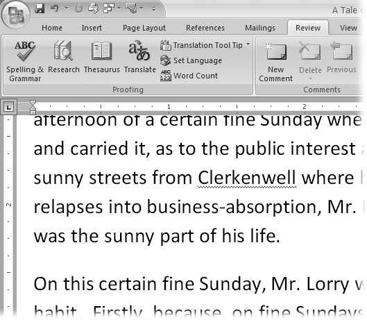 Access to Word’s Spelling and Grammar checker is on the Review → Proofing group, along with the thesaurus, the translation tool, and a slew of Web-based research tools.