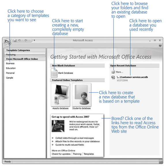 The Getting Started page is a bit of a cross between a Windows program and a Web page. Use the links on the left to browse through different categories of templates (ready-to-go databases that you can download and fill with your own information). Or check out the links on the bottom, which show you the latest Access news and tips.