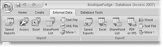 The External Data tab's Import section lets you pipe data into Access using a variety of formats. The Export section does the reverse—it takes your table, and exports it in a bunch of different flavors.