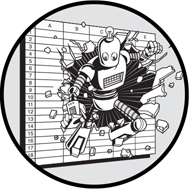 A chapter opening image, taken from the front cover. Shows a robot exploding out of a spreadsheet, with empty cells flying out from around the area of impact.