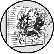 A chapter opening image, taken from the front cover. Shows a robot exploding out of a spreadsheet, with empty cells flying out from around the area of impact.