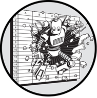 A chapter opening image, taken from the front cover. Shows a robot exploding out of a spreadsheet, with empty cells flying out from around the area of impact.