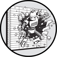 A chapter opening image, taken from the front cover. Shows a robot exploding out of a spreadsheet, with empty cells flying out from around the area of impact.