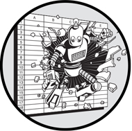 A chapter opening image, taken from the front cover. Shows a robot exploding out of a spreadsheet, with empty cells flying out from around the area of impact.