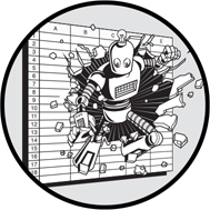 A chapter opening image, taken from the front cover. Shows a robot exploding out of a spreadsheet, with empty cells flying out from around the area of impact.