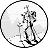 A robot with hiking gear stands on a precipice, gazing at a “mountain range” made out of graphing data.