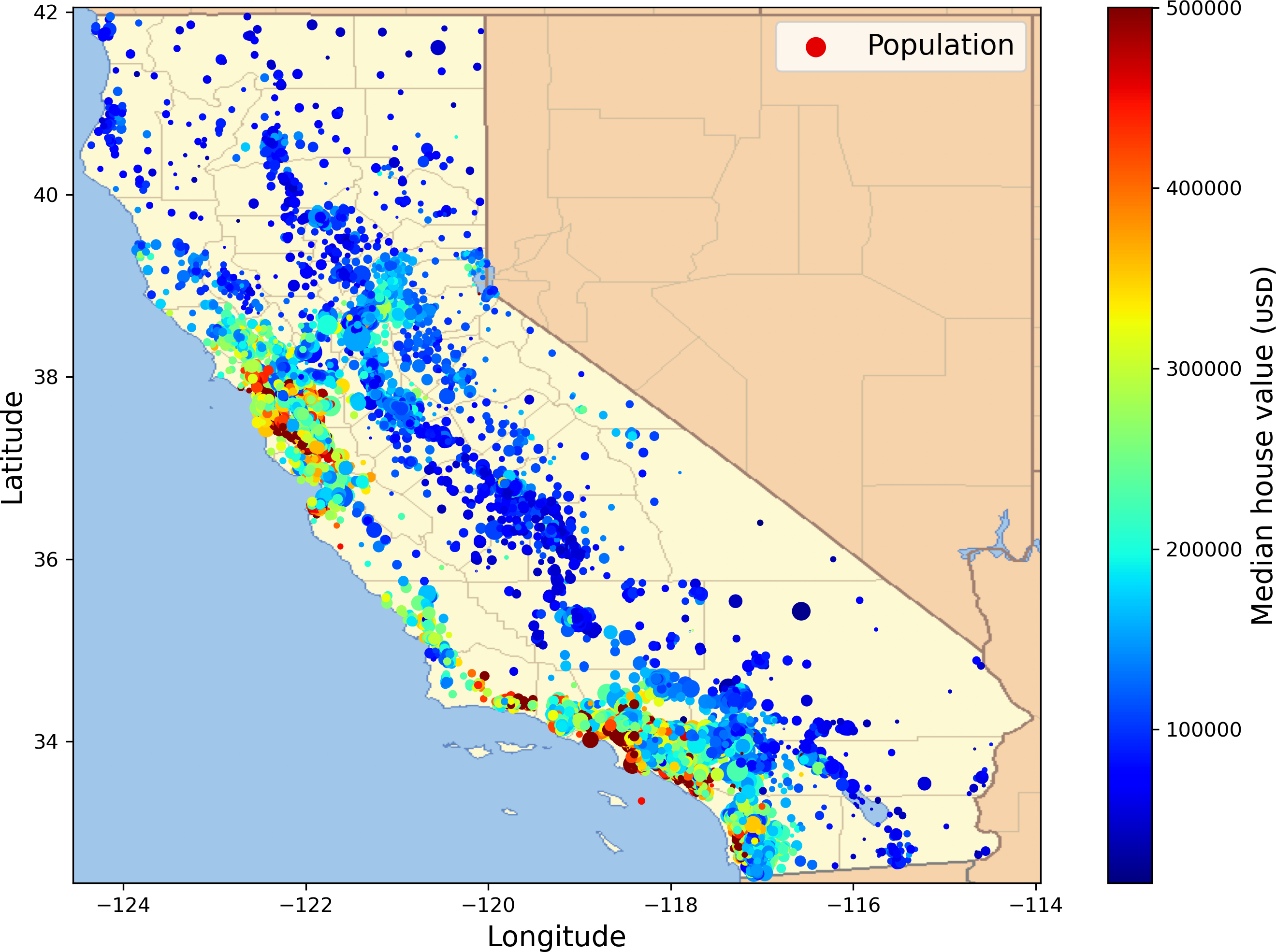 Map of California displaying housing price data with colored dots representing median house values and dot size indicating population density.