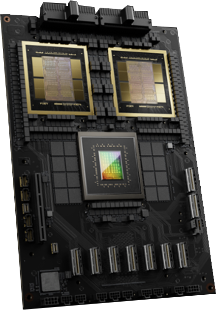 NVIDIA Grace Blackwell Superchip module featuring a central Grace CPU and two Blackwell GPUs, designed for integrated high-speed communication and shared memory.