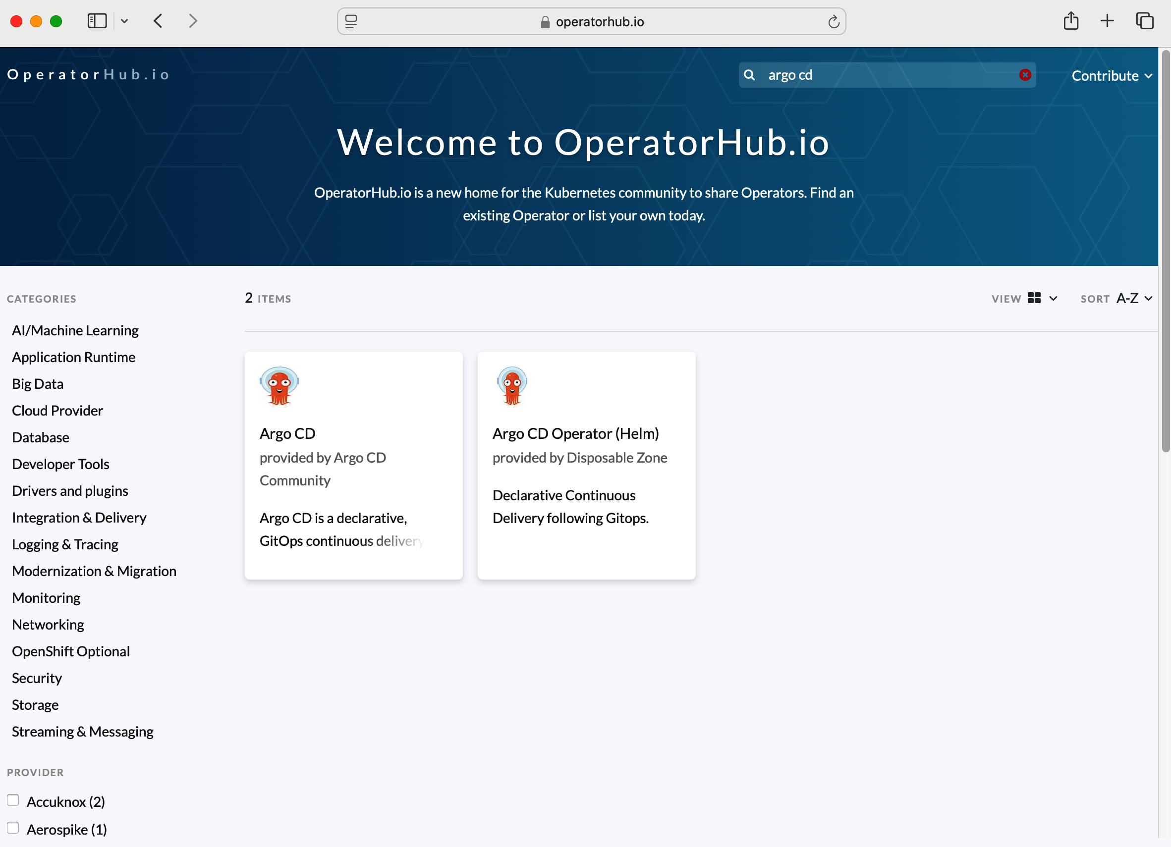Search results for "Argo CD" on OperatorHub.io, showing options for Argo CD and Argo CD Operator (Helm).